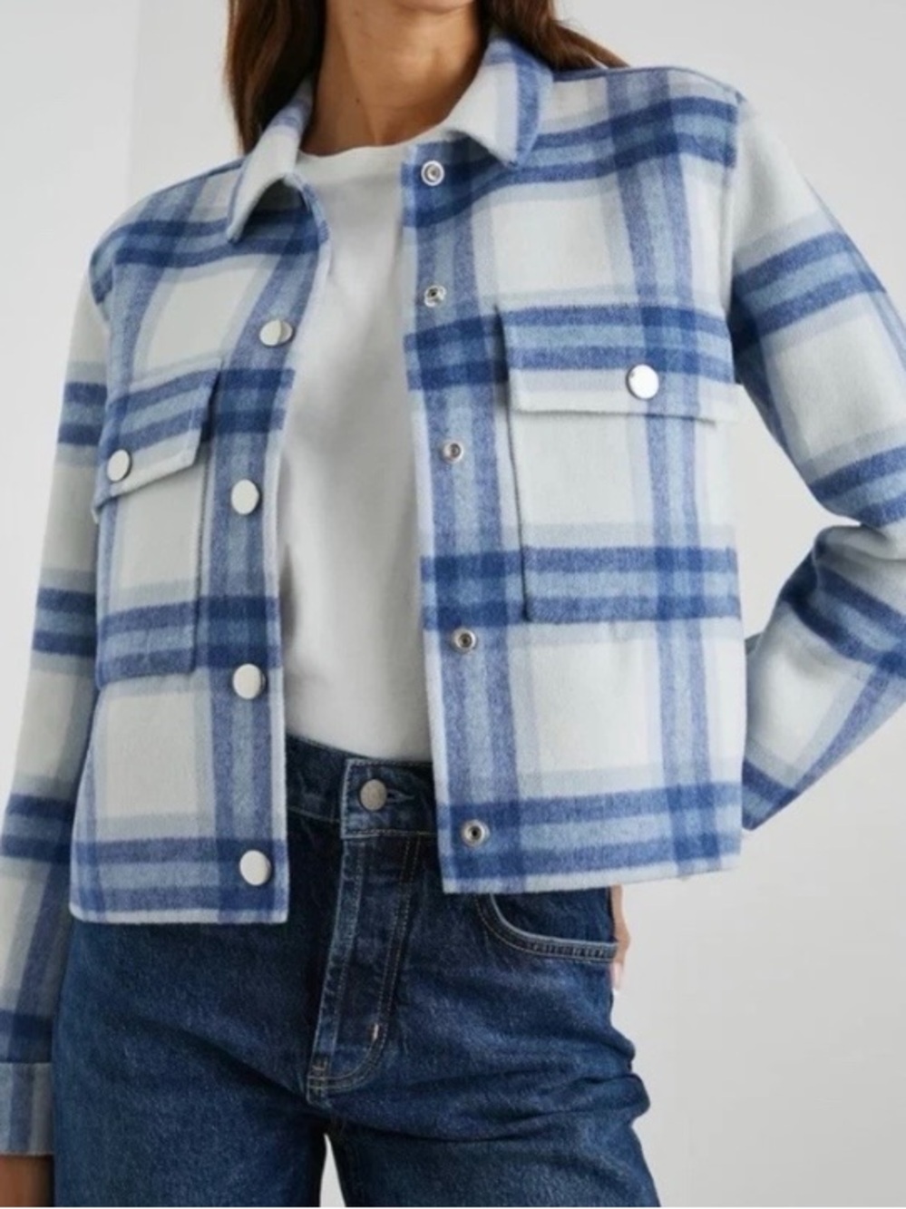Rails Steffi Plaid Wool Blend Shirt Jacket Shacket Ivory Bay Blue White Small S